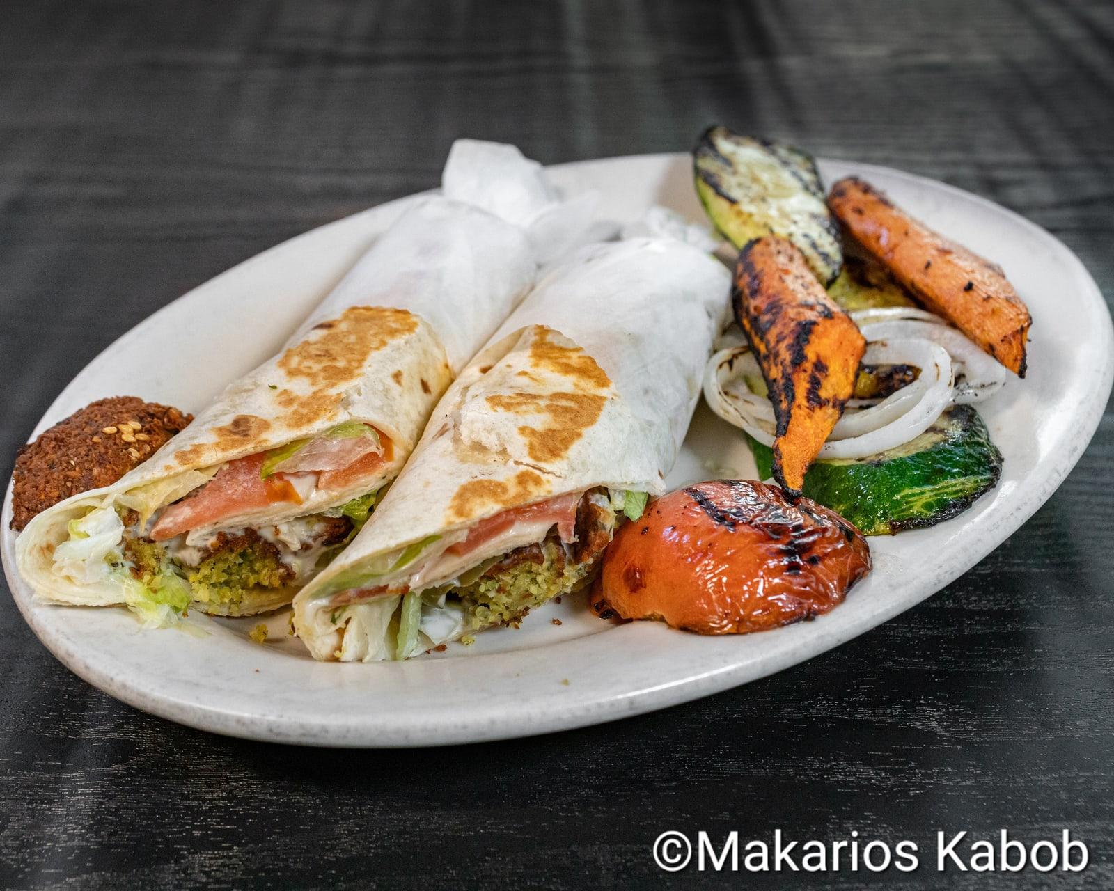 Falafel wrap platter with grilled vegetables at Ranch House Makarios Family Restaurant in Vestavia Hills, AL