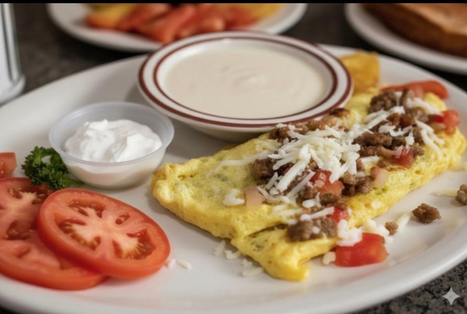 Gyro omelet with tomatoes and feta served at Ranch House Makarios in Vestavia Hills, AL