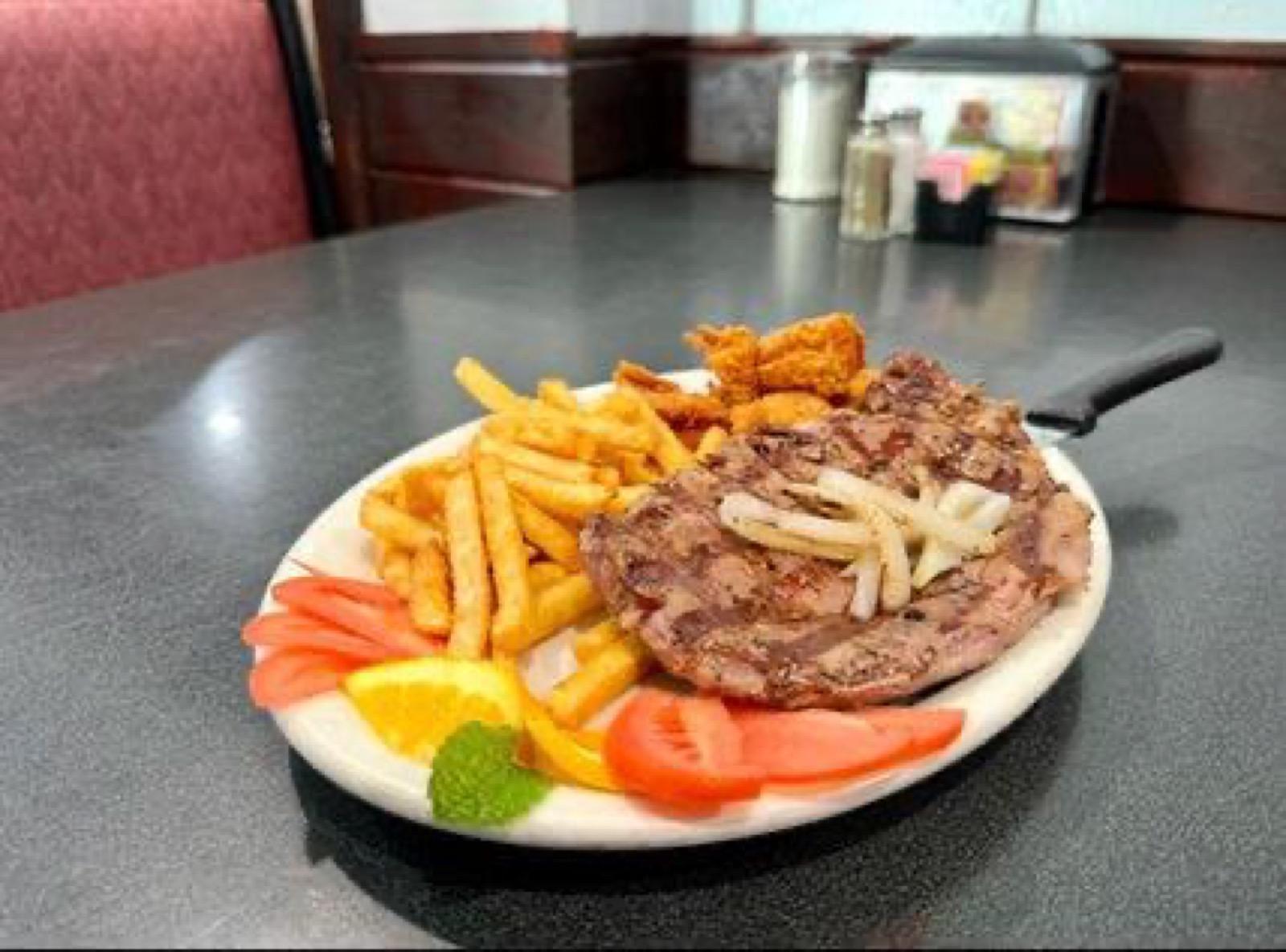 Ribeye steak plate served at Ranch House Makarios Family Restaurant in Vestavia Hills, AL